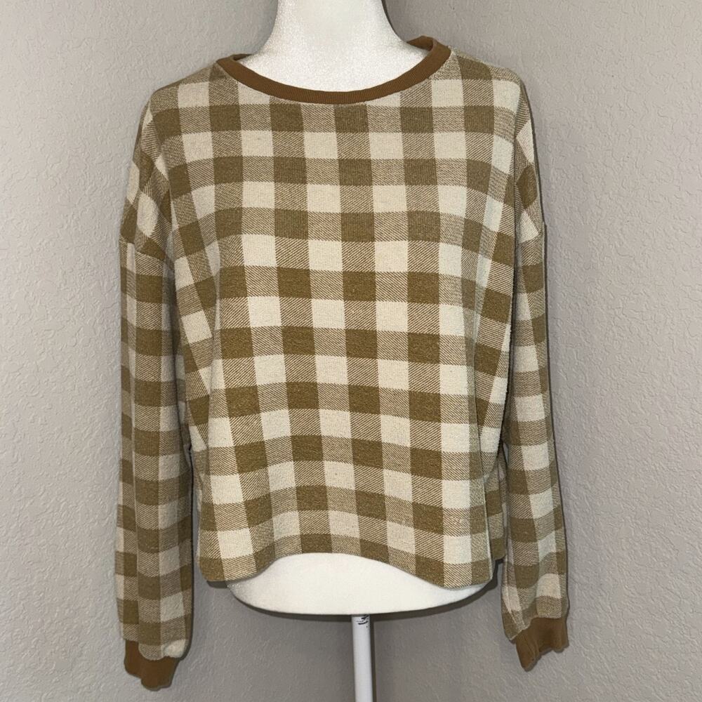 Easel Sweater Women's Small Tan Cream Gingham Cotton Long Sleeve Casual Pullover